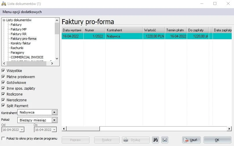 22 - lista dokumentow - faktura pro-forma