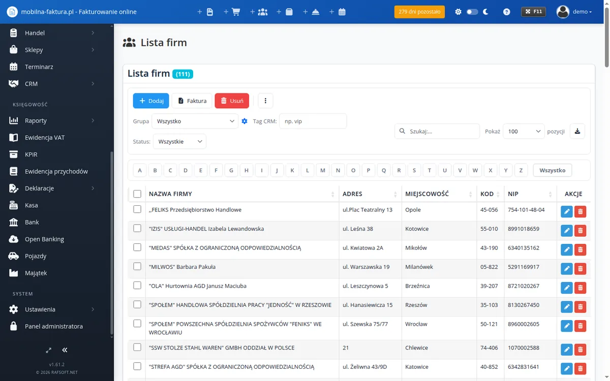 Baza kontrahentów CRM w programie online Mobilna Faktura