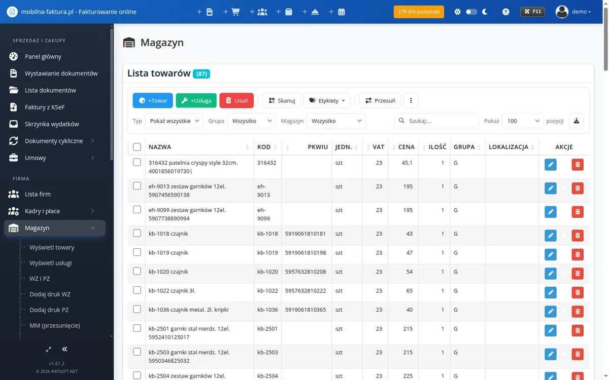 Lista towarów w magazynie online Mobilna Faktura