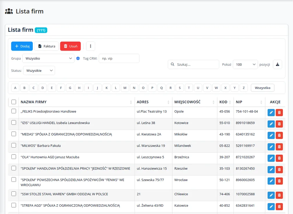 Baza kontrahentów CRM w programie online Mobilna Faktura