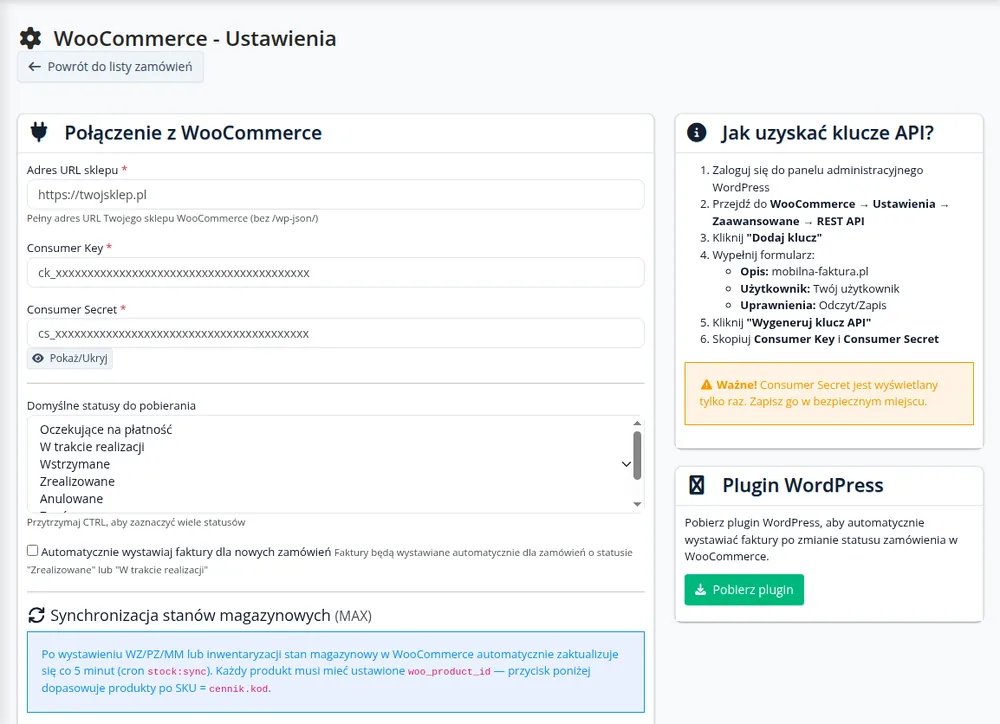 Ustawienia integracji WooCommerce w Mobilnej Fakturze