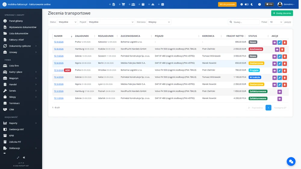 Zlecenia transportowe w module TMS — trasy, fracht i statusy