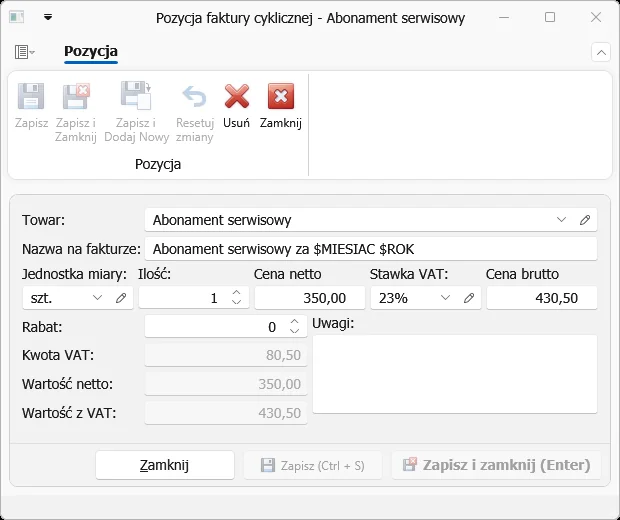 Pozycja szablonu faktury cyklicznej — pole Nazwa na fakturze „Abonament serwisowy za $MIESIAC $ROK”