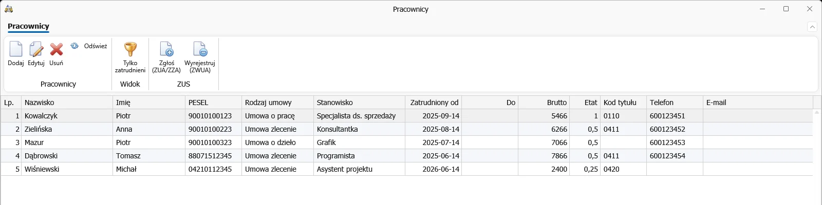 Lista pracowników — rodzaj umowy, stanowisko, data zatrudnienia, wynagrodzenie, kod tytułu ubezpieczenia i przyciski zgłoszeń ZUA, ZZA, ZWUA
